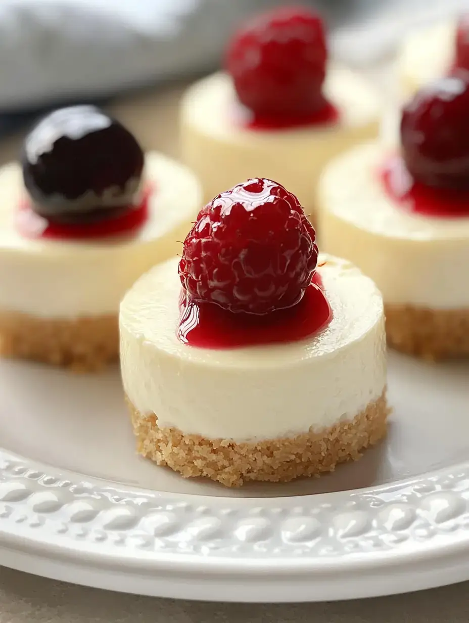 A close-up of mini cheesecakes topped with fresh raspberries and drizzled with raspberry sauce on a decorative plate.