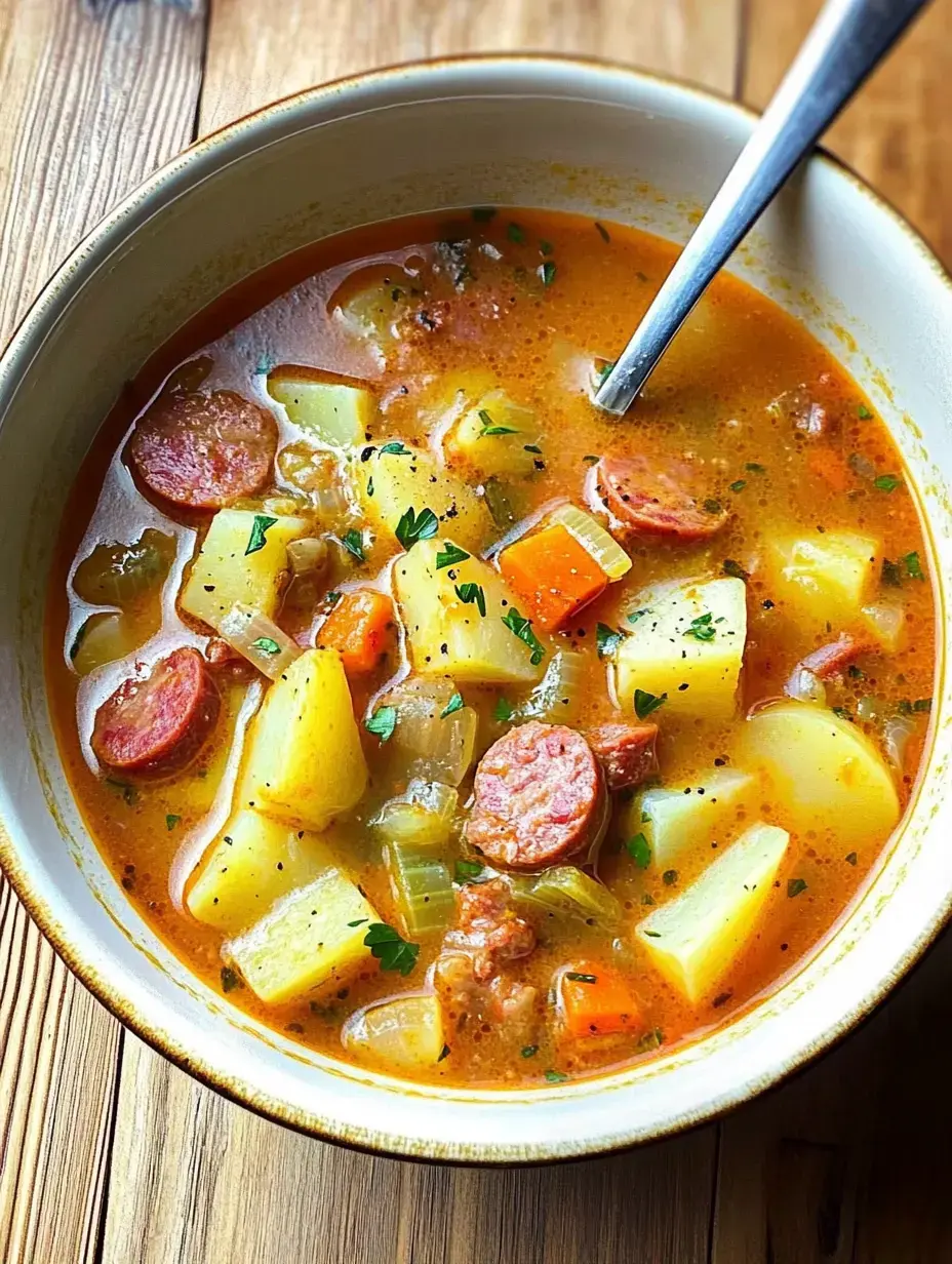 A bowl of hearty soup filled with potatoes, carrots, sausage, and herbs, set on a wooden table.