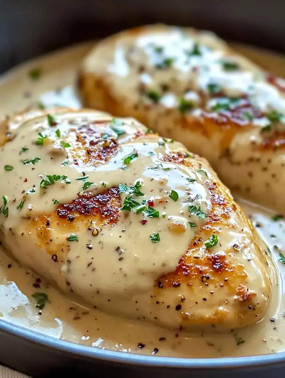 Two succulent chicken breasts are topped with a creamy sauce and garnished with chopped herbs, served in a shallow dish.