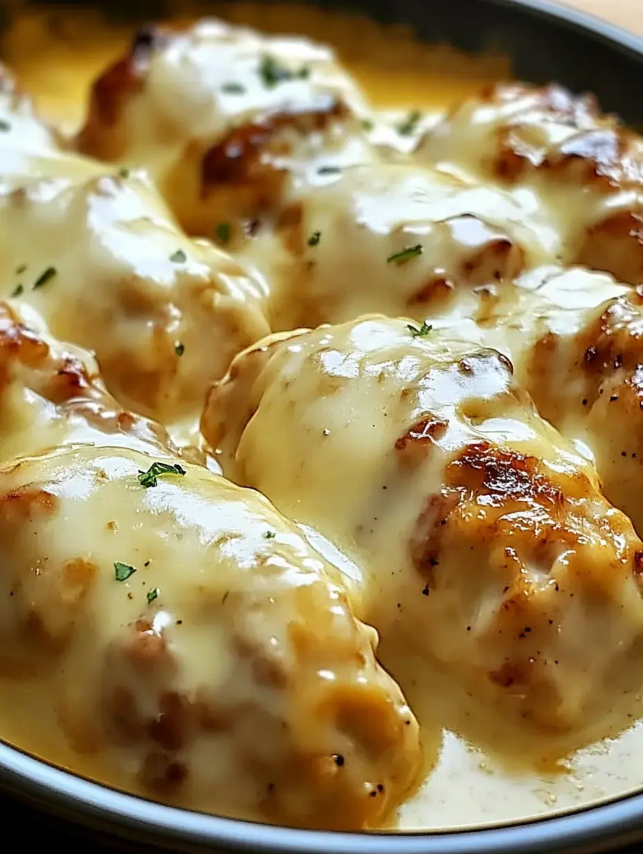 A close-up of tender meatballs topped with melted cheese and garnished with parsley, served in a creamy sauce.