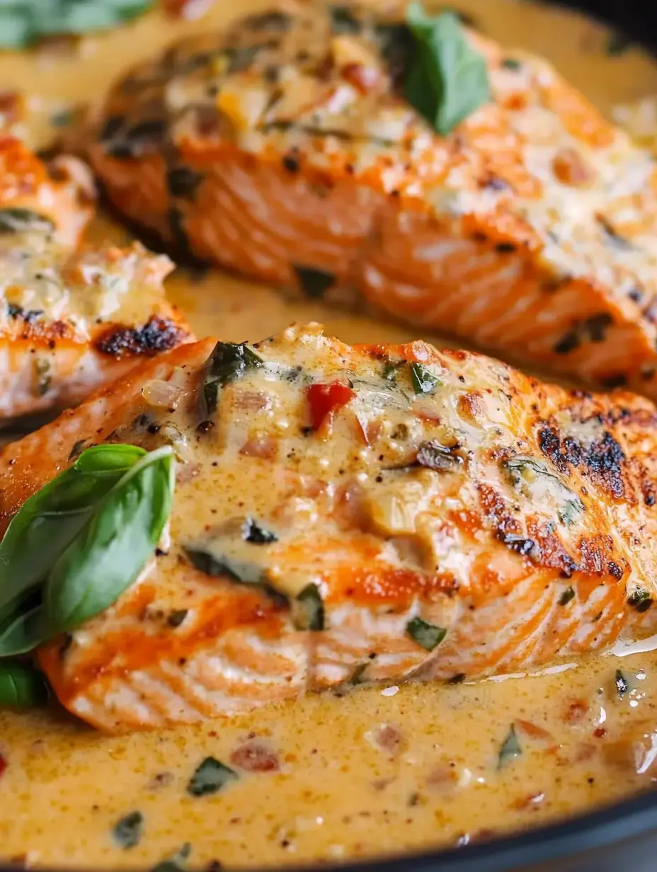 A close-up of perfectly cooked salmon fillets topped with a creamy sauce and garnished with fresh basil leaves.