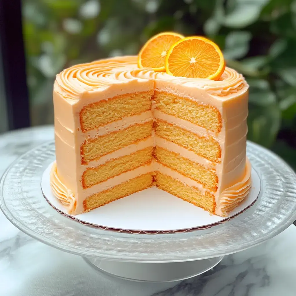 A layer cake with orange frosting and two orange slices on top, displaying several layers of yellow cake and frosting.