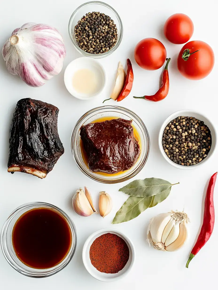 An assortment of fresh tomatoes, garlic, various spices, bay leaves, and two pieces of meat arranged on a white background.