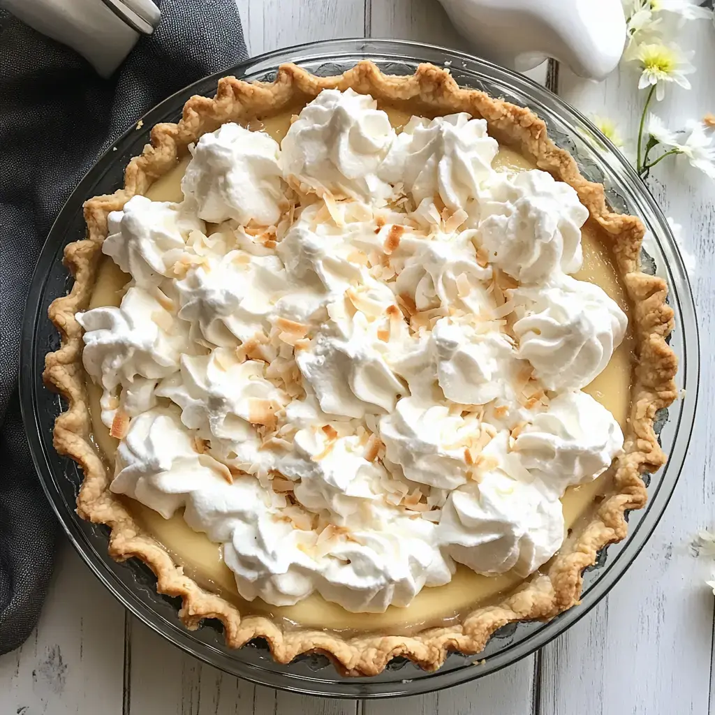 A delicious coconut cream pie topped with whipped cream and toasted coconut flakes in a glass pie dish.