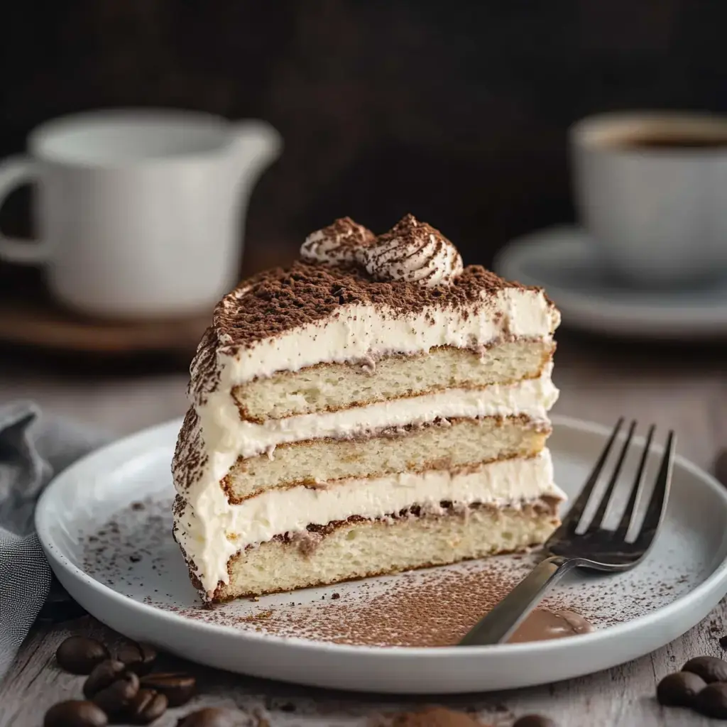 A slice of layered cake with cream and cocoa dusting on a white plate, accompanied by a fork and a coffee cup in the background.