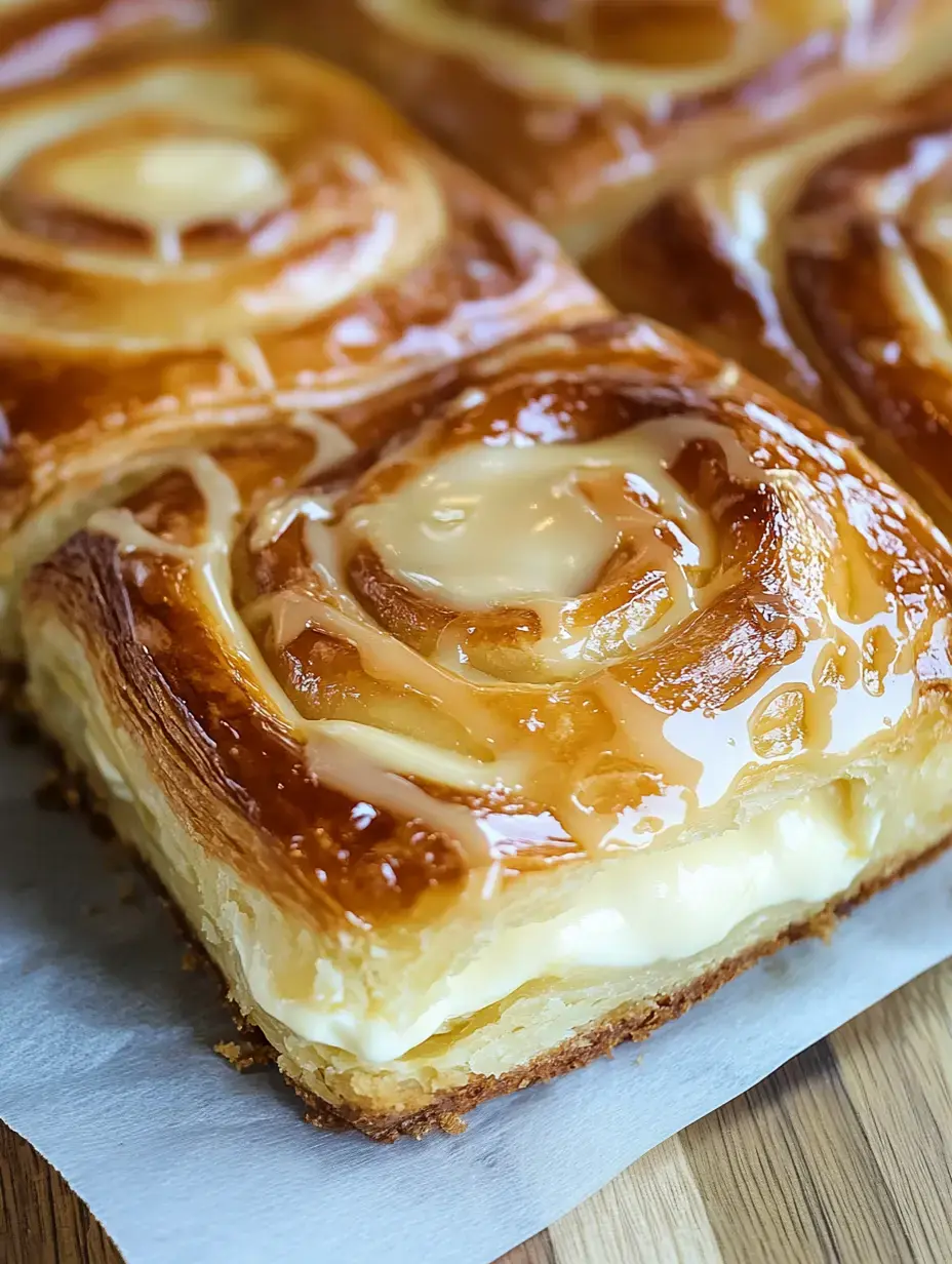 A close-up of freshly baked cinnamon rolls drizzled with icing, showcasing a soft, creamy filling.