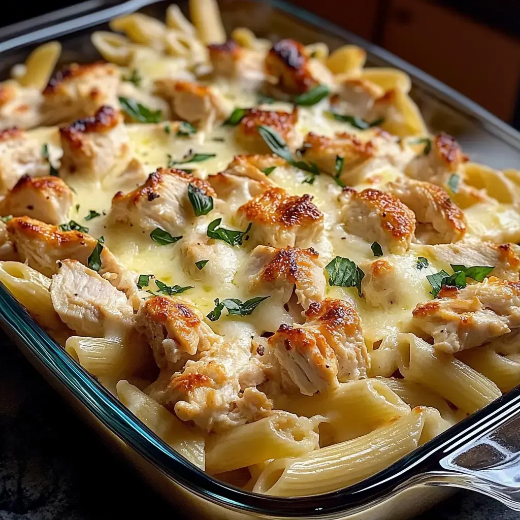 A close-up view of baked pasta with chicken, cheese, and herbs in a glass dish.