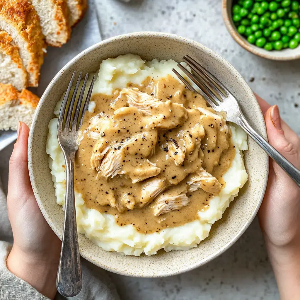 A person holds a bowl of creamy chicken gravy over fluffy mashed potatoes, accompanied by slices of bread and a small bowl of green peas.