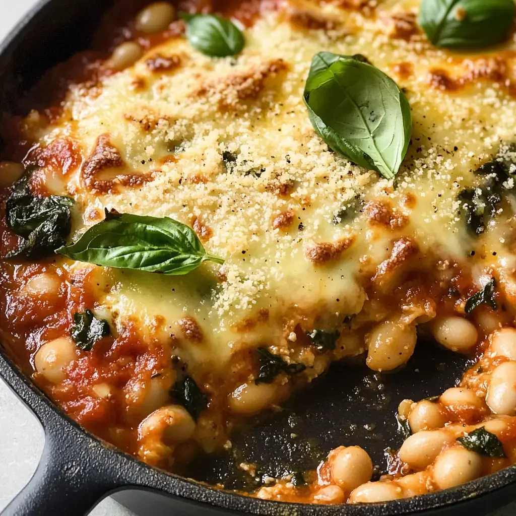 A close-up of a baked dish featuring beans in a rich tomato sauce, topped with melted cheese, herbs, and a sprinkle of breadcrumbs.