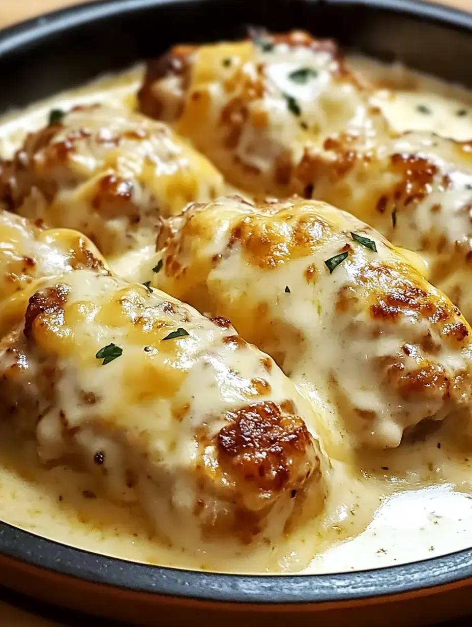 A close-up of golden-brown meatballs covered in a creamy cheese sauce, garnished with small green herbs, served in a black bowl.