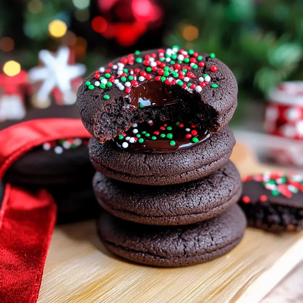 A stack of chocolate cookies topped with festive red, green, and white sprinkles, with one cookie showing a gooey chocolate filling.