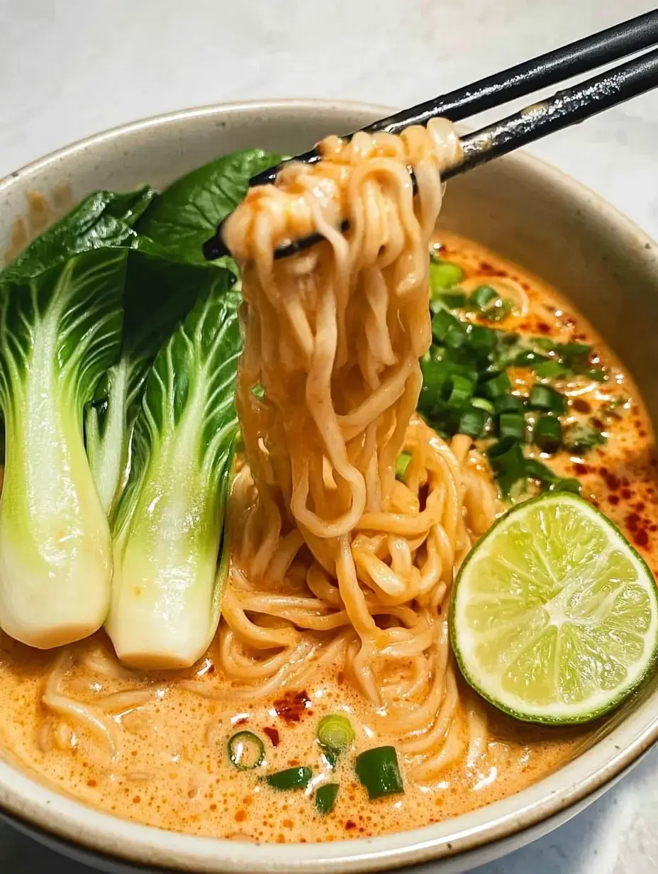 A bowl of creamy noodles topped with bok choy, green onions, and a lime wedge, with chopsticks lifting some noodles.