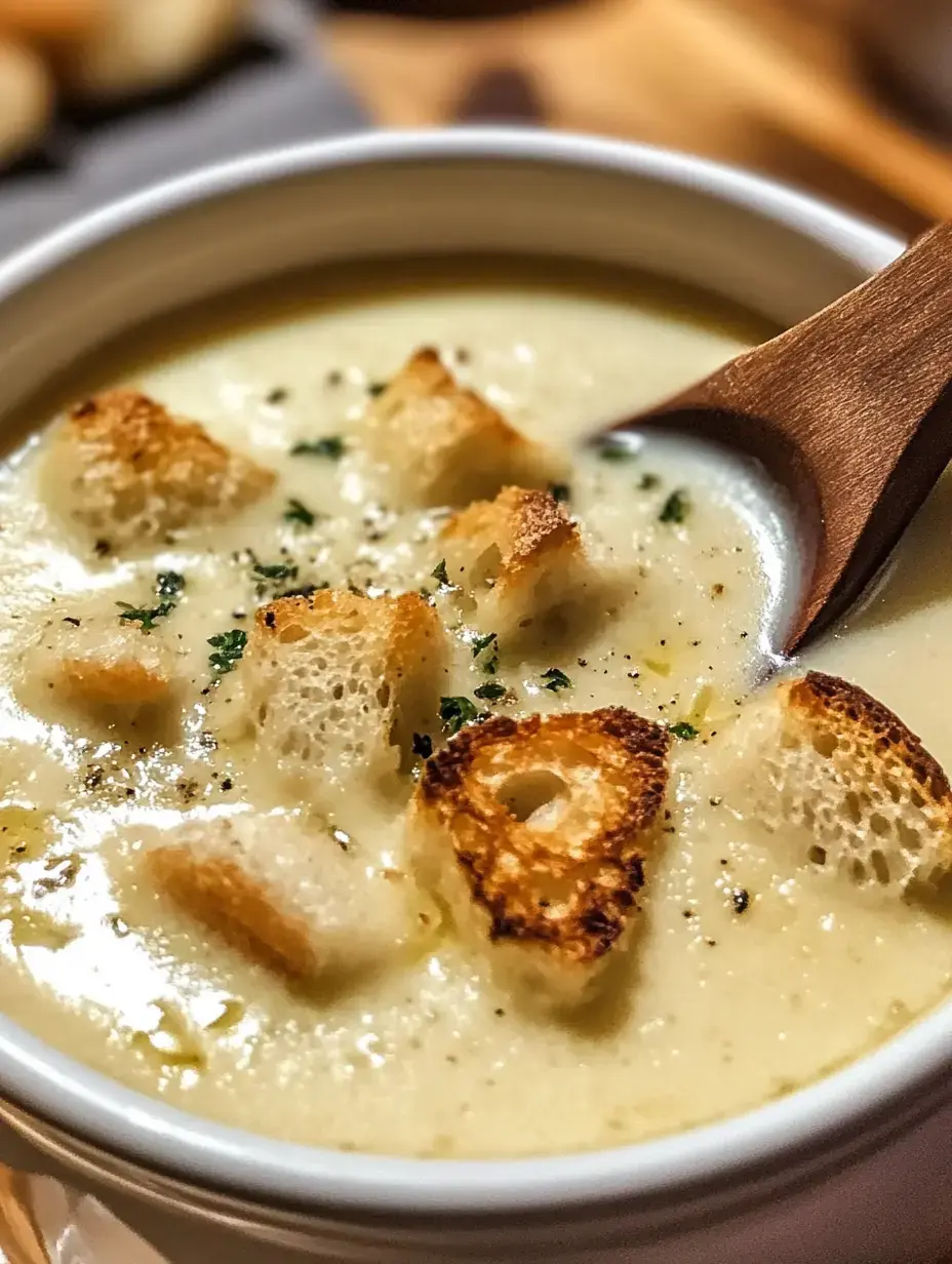 A bowl of creamy soup topped with toasted croutons and a sprinkle of herbs, accompanied by a wooden spoon.