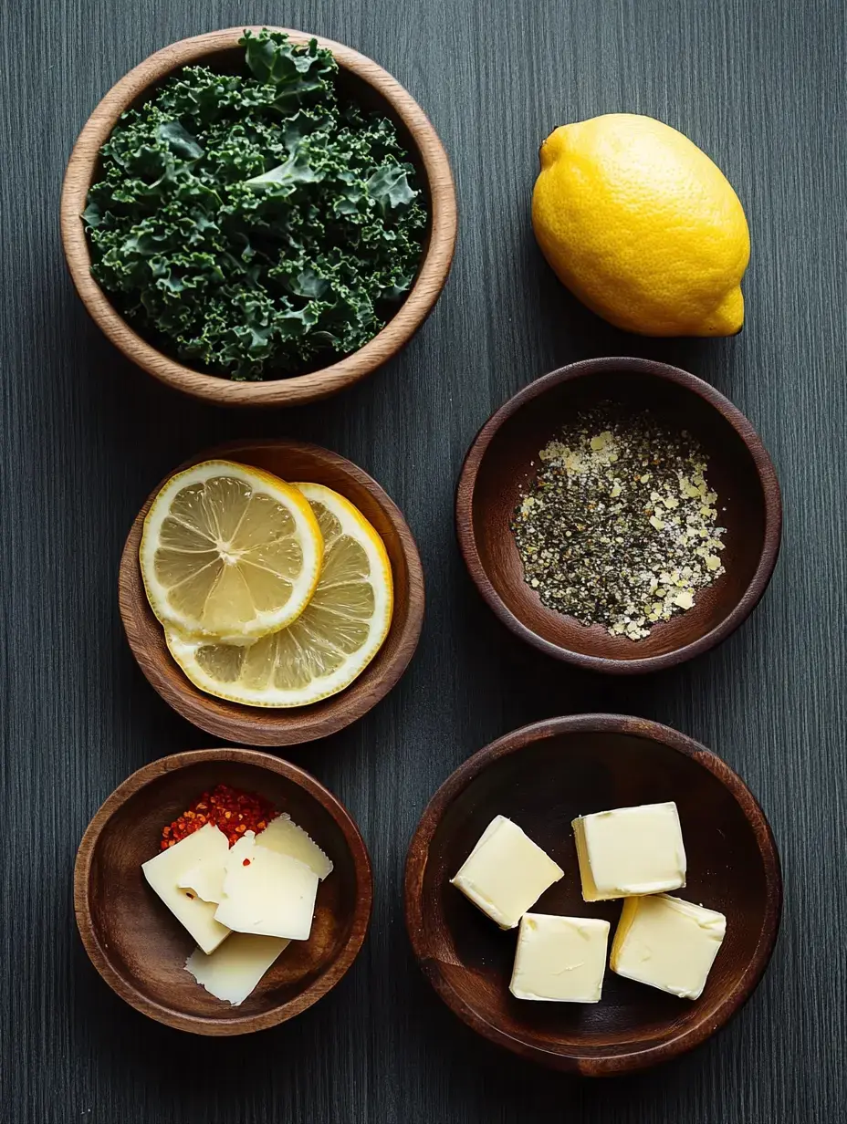 A wooden bowl of kale is surrounded by bowls of sliced lemons, butter cubes, red pepper flakes, and a spice mixture, with a whole lemon nearby.