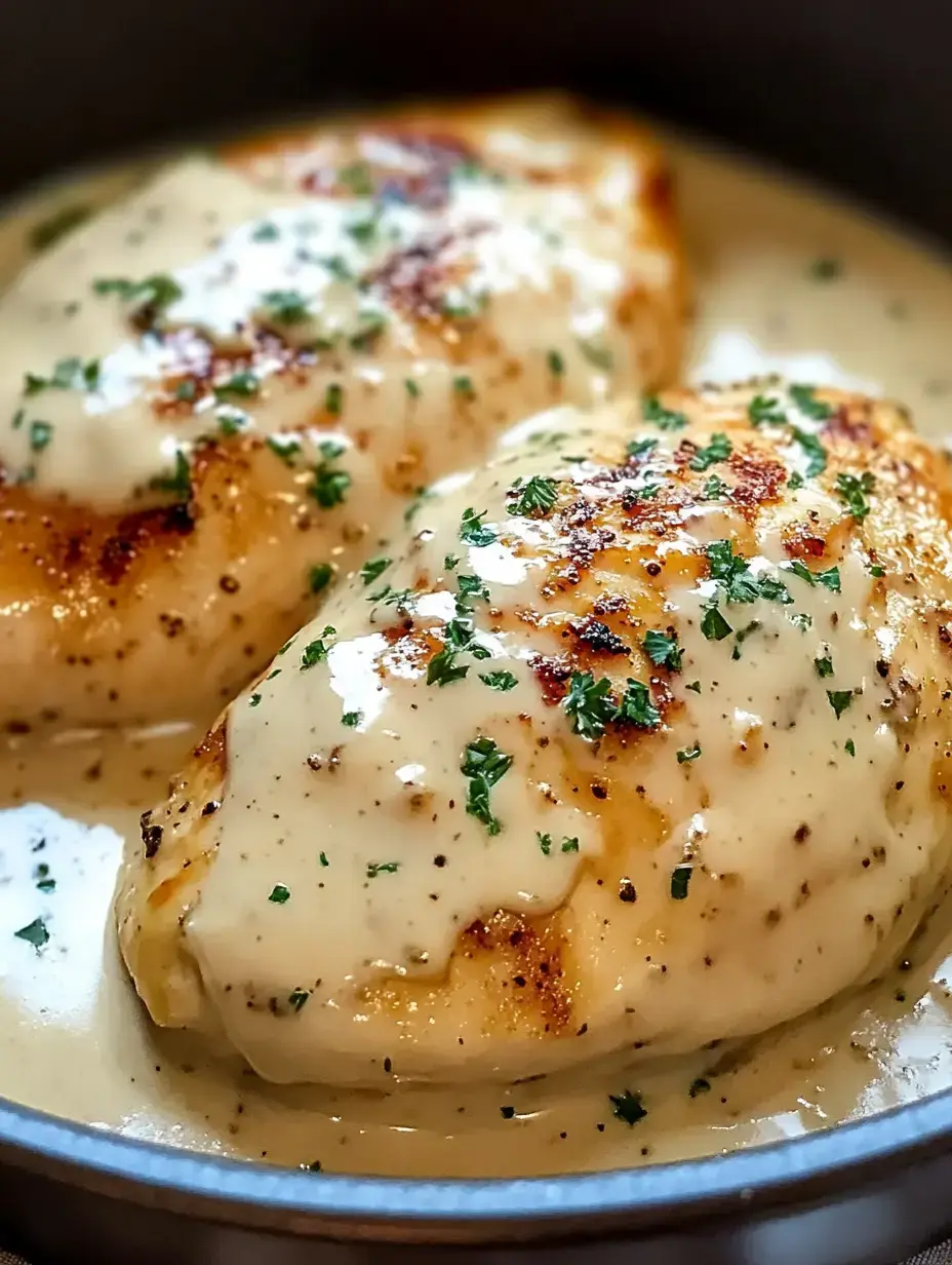 Two succulent chicken breasts topped with creamy white sauce and garnished with parsley.