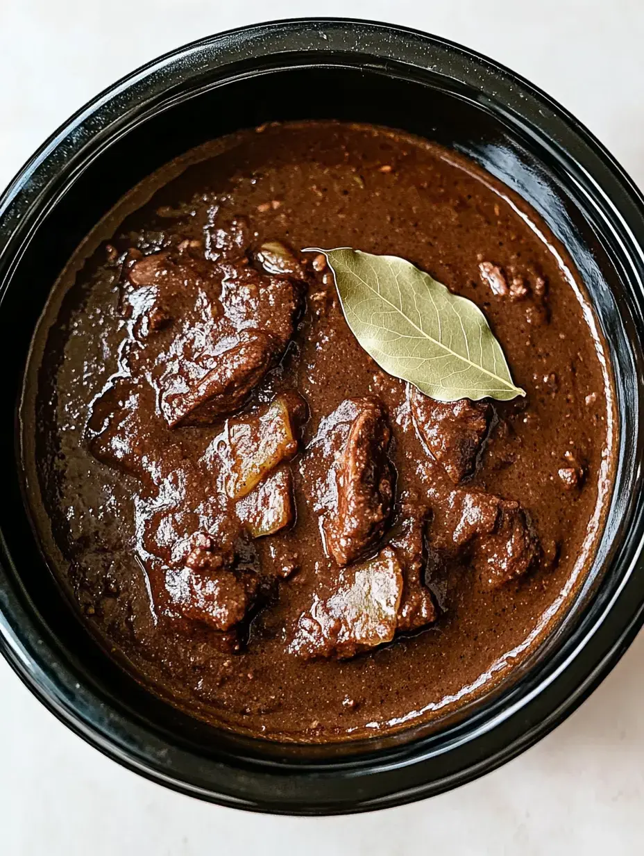 A close-up view of a dark, rich stew with pieces of meat and a single bay leaf on top.