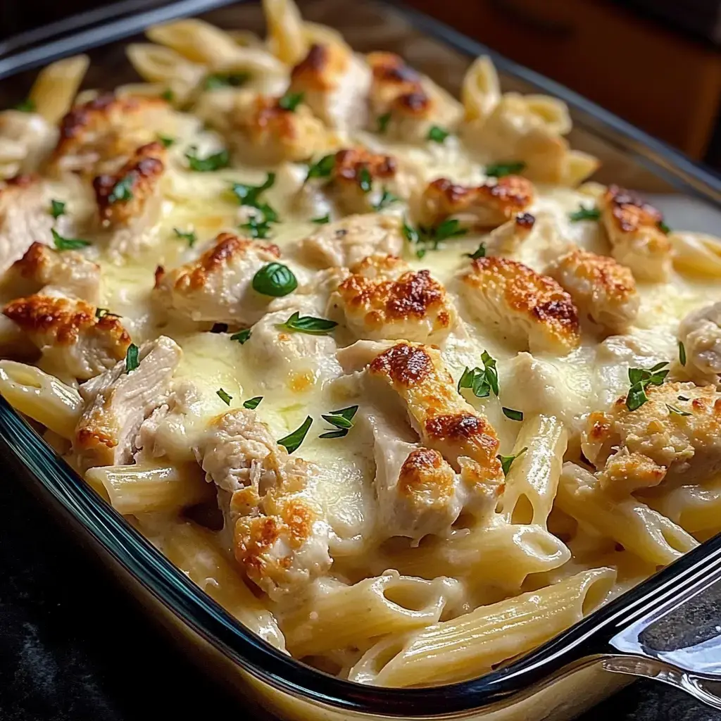 A close-up dish of baked creamy pasta topped with golden-brown grilled chicken pieces and garnished with green herbs.