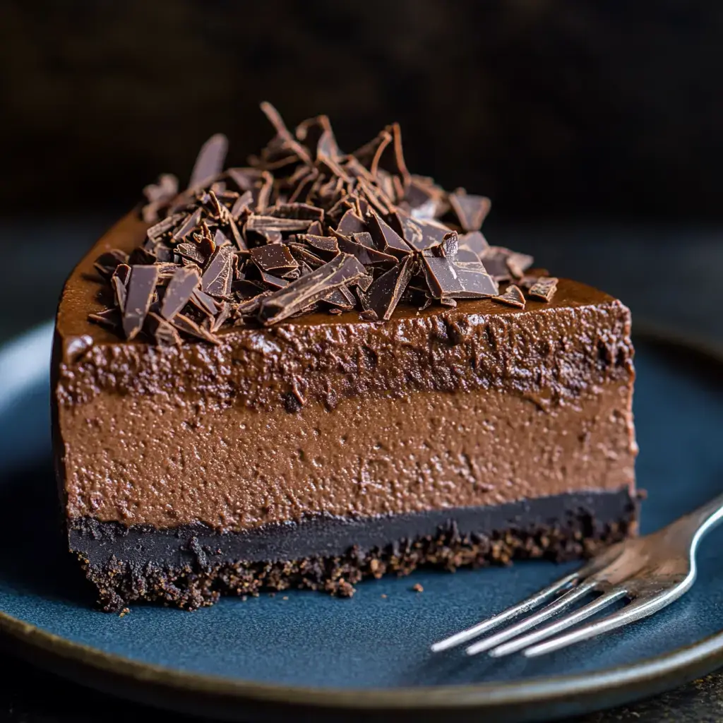 A slice of rich chocolate cake topped with chocolate shavings sits on a blue plate beside a fork.