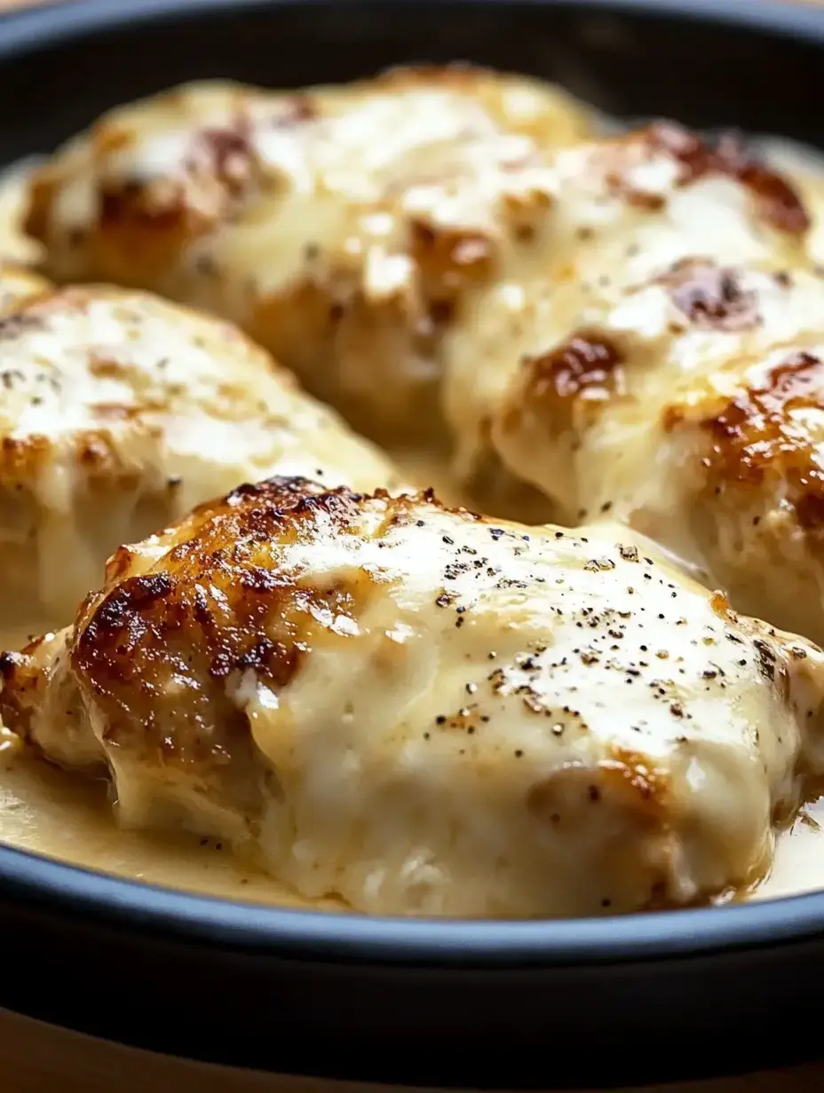 A close-up image of four pieces of baked chicken covered in melted cheese and black pepper, served in a dark dish.