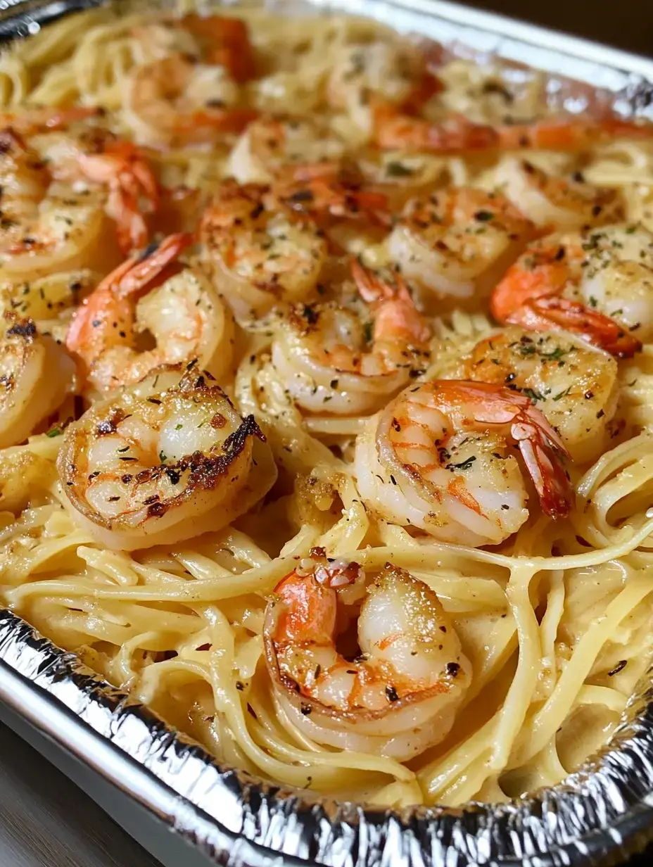 A close-up view of linguine pasta topped with grilled shrimp and garnished with herbs in a foil tray.