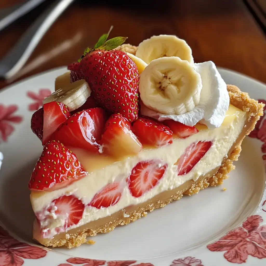 A slice of creamy strawberry banana pie topped with fresh strawberries, banana slices, and whipped cream, served on a decorative plate.