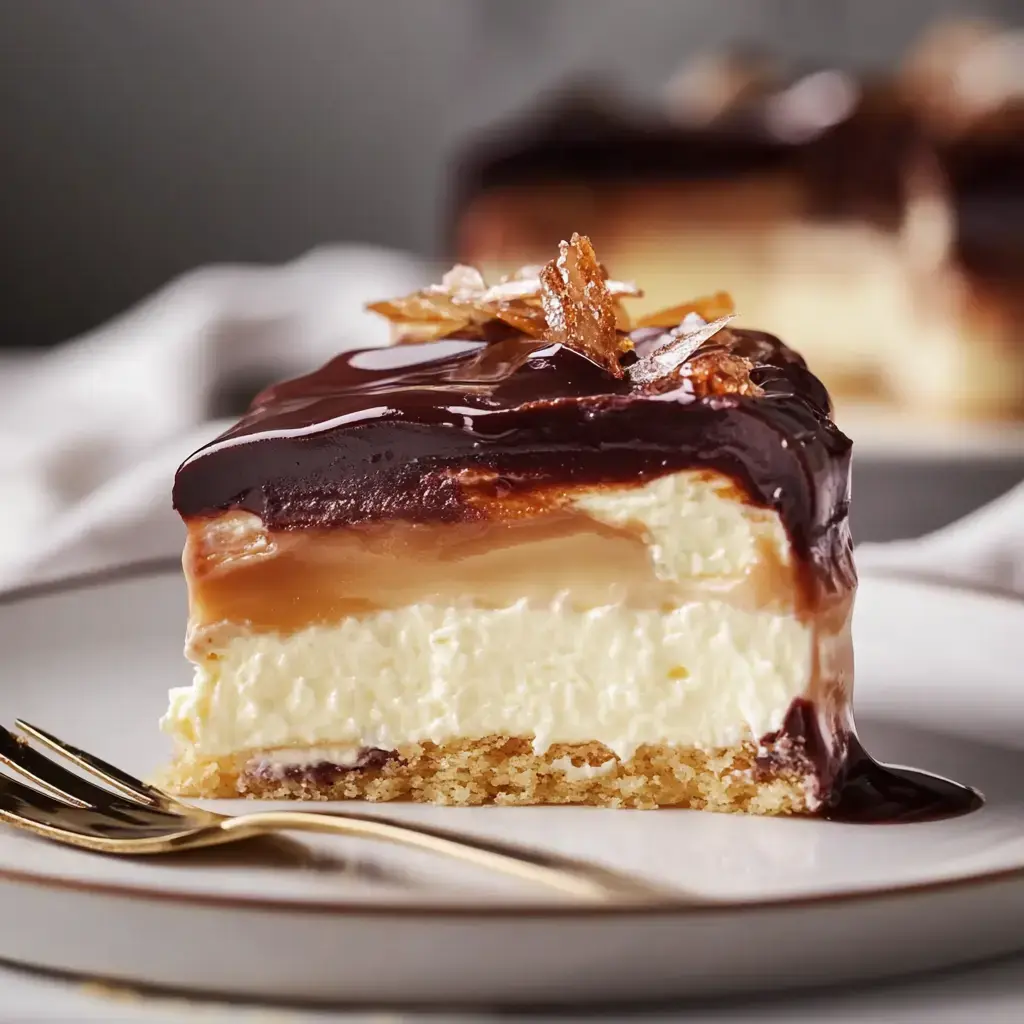 A slice of layered dessert featuring chocolate glaze, caramel, cream filling, and a crumbly base, garnished with crispy shards on top.