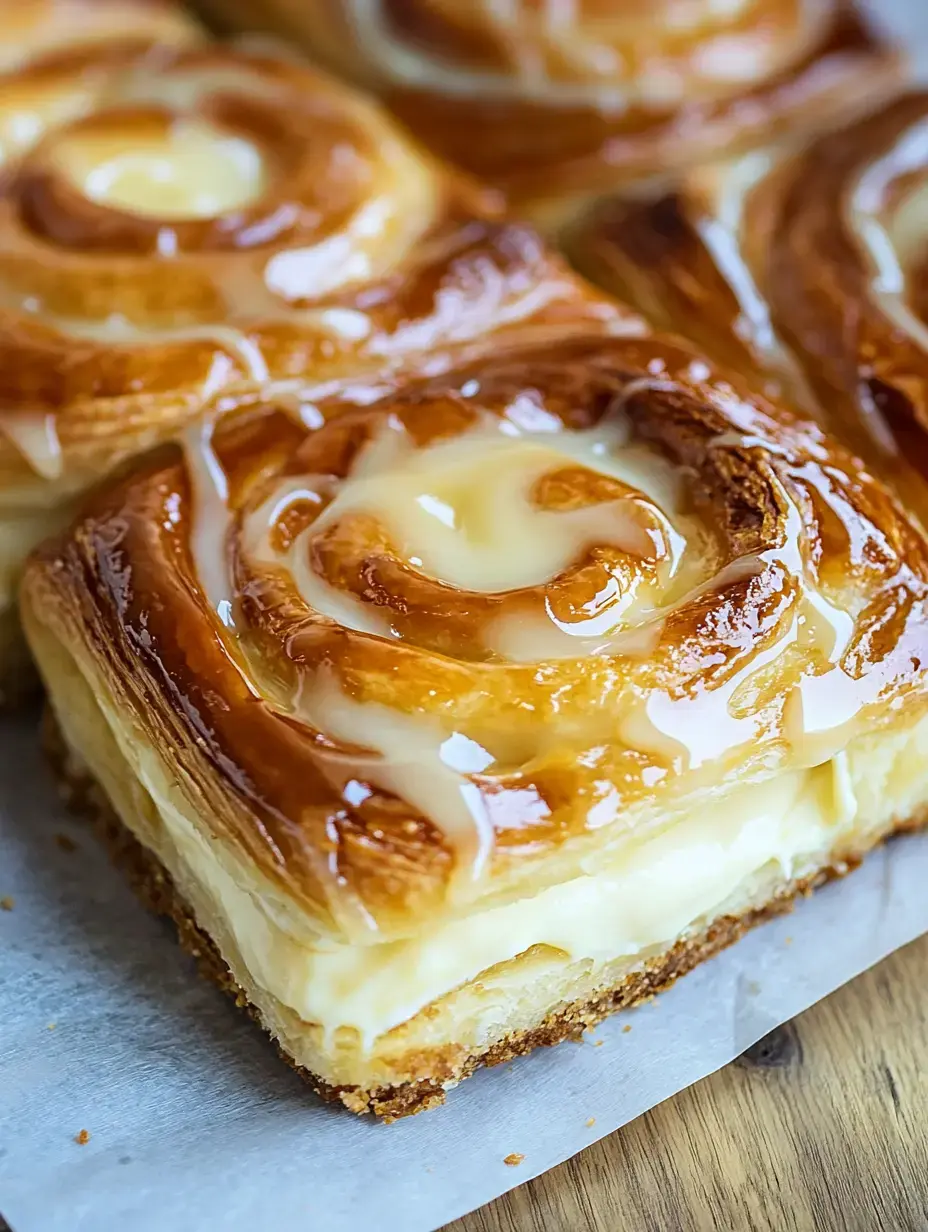 A close-up of golden-brown pastry swirls topped with a creamy glaze, sitting on parchment paper.