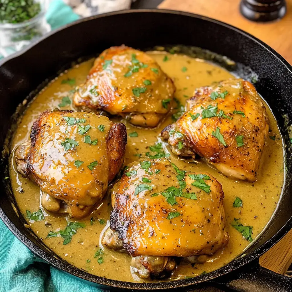 A cast iron skillet holds four juicy chicken thighs covered in a golden sauce and garnished with fresh parsley.