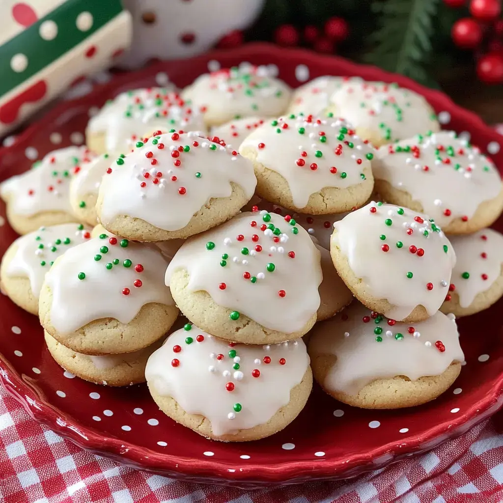 A red plate filled with round, iced cookies decorated with green and red sprinkles.