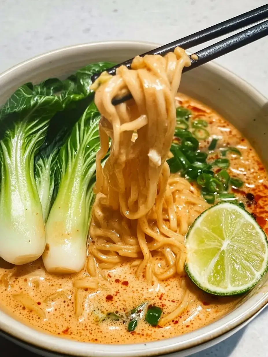 A bowl of ramen with a creamy broth, topped with bok choy, green onions, and a slice of lime, with chopsticks lifting noodles.