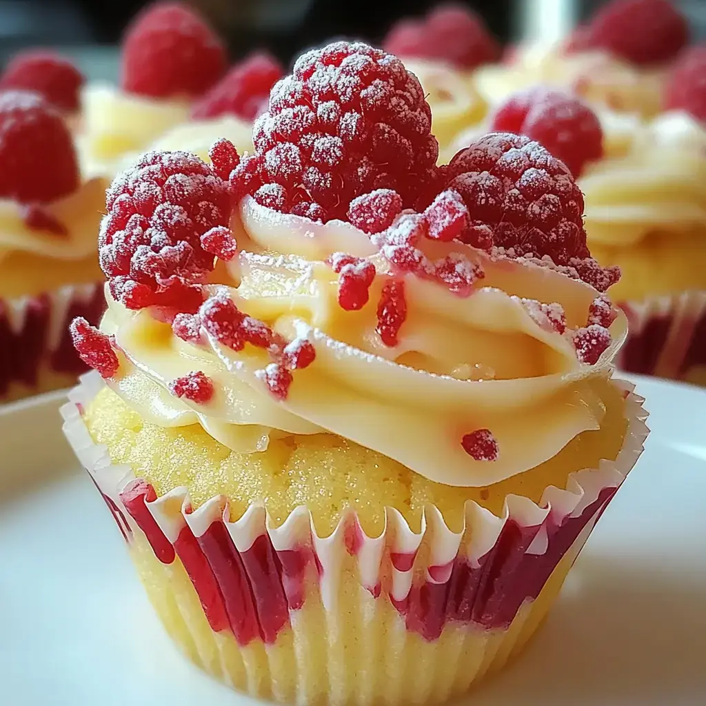 A close-up of a cupcake topped with creamy frosting and garnished with fresh raspberries and sprinkled crushed raspberries.