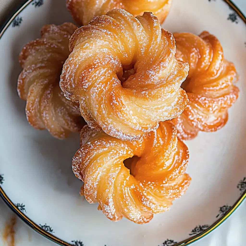 A close-up of several golden-brown, sugary pastries arranged on a decorative plate.