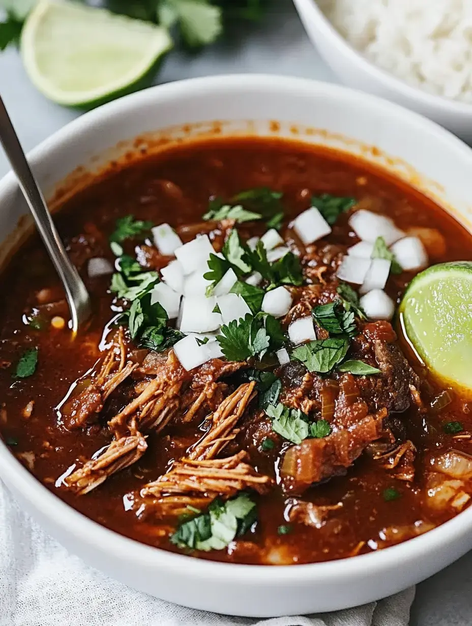 A white bowl filled with hearty meat stew garnished with chopped onions, cilantro, and a slice of lime, accompanied by a side of rice.