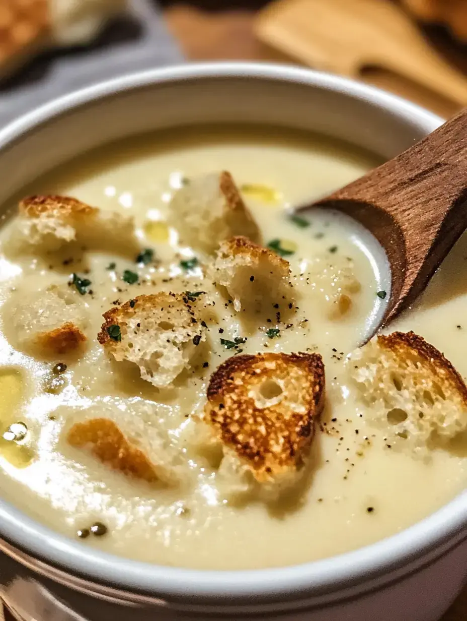 A close-up of a creamy soup topped with toasted bread cubes and sprinkled with herbs.