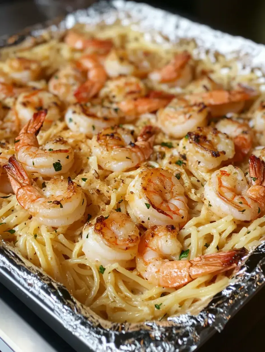 A tray of spaghetti topped with sautéed shrimp and garnished with herbs.