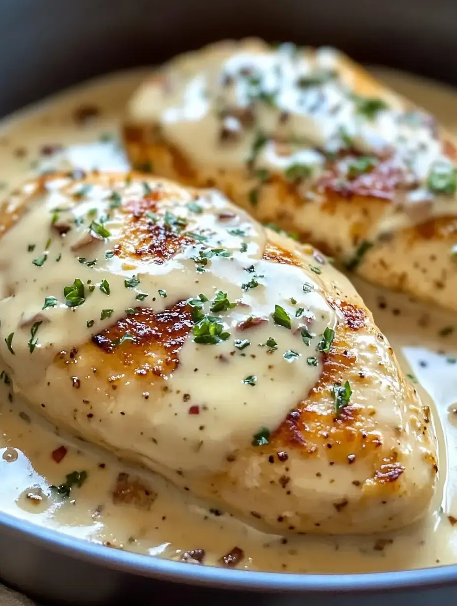 Grilled chicken breasts are served in a creamy sauce, garnished with parsley.