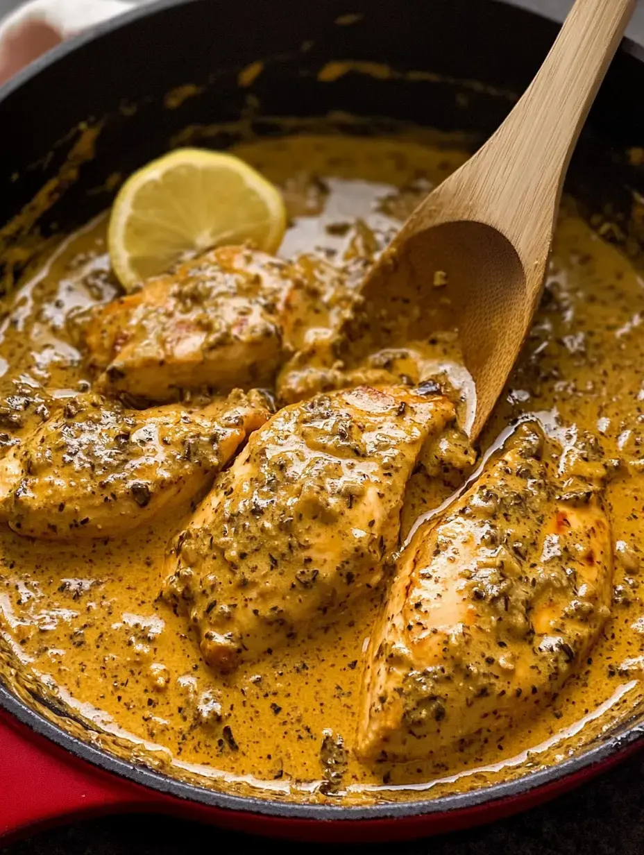 Cooked chicken breasts simmering in a creamy herb sauce with a slice of lemon on top.