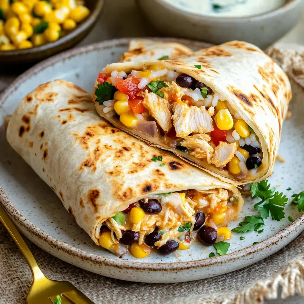 A close-up of two grilled burritos filled with rice, chicken, corn, black beans, and diced tomatoes, served on a plate with a side of corn and sauce.