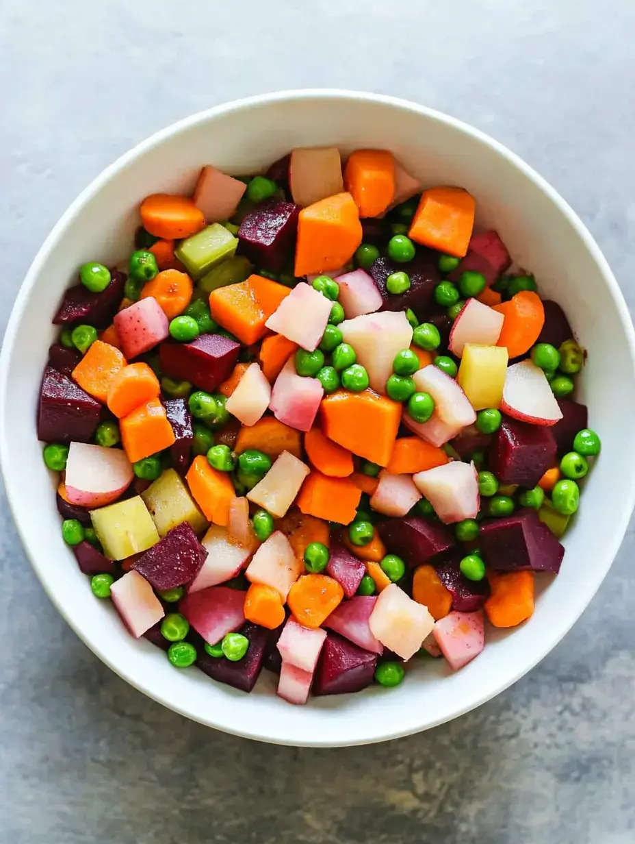 A bowl of mixed diced vegetables including beets, carrots, green peas, and potatoes.