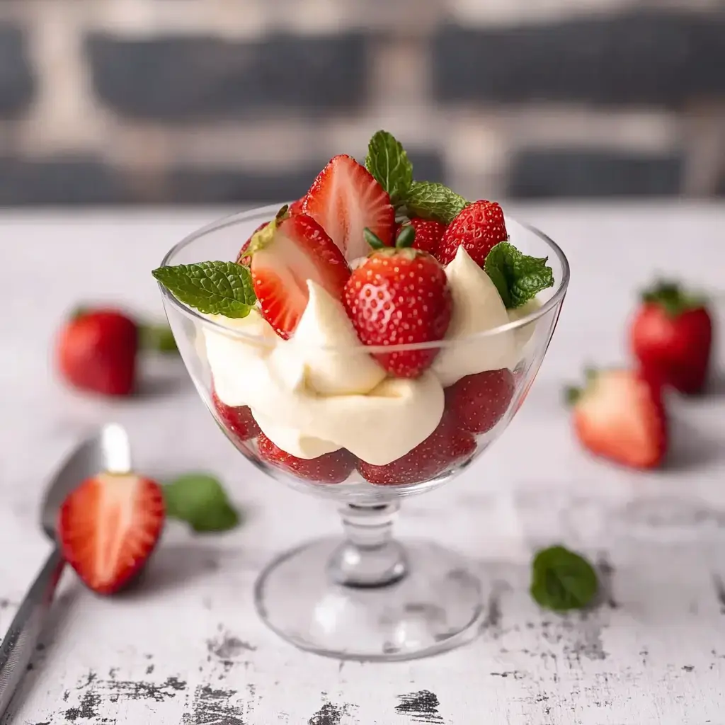 A glass dessert bowl filled with fresh strawberries, whipped cream, and garnished with mint leaves, with additional strawberries scattered around.