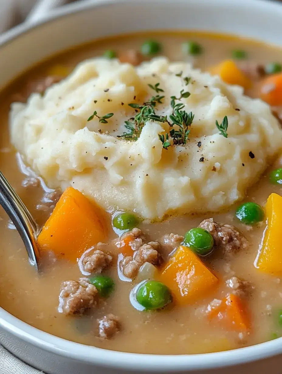 A bowl of comforting stew featuring creamy mashed potatoes on top, surrounded by ground meat, green peas, and chunks of orange squash and carrots.