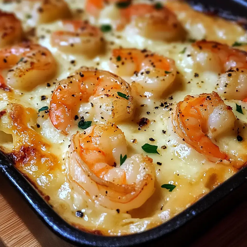 A close-up of a baked dish topped with shrimp, cheese, and sprinkled with herbs and seasoning.