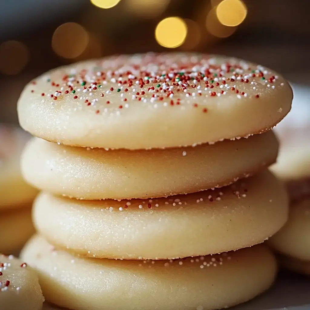 A stack of soft, round cookies topped with red and green sprinkles, set against a blurred background of warm lights.