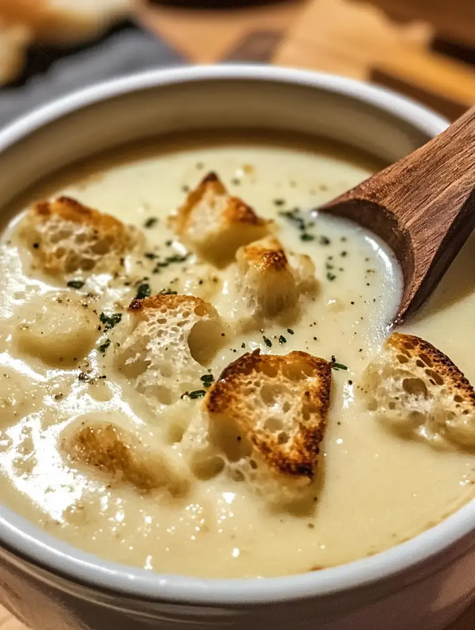 A creamy soup topped with toasted bread cubes and garnished with green herbs, served in a white bowl with a wooden spoon.