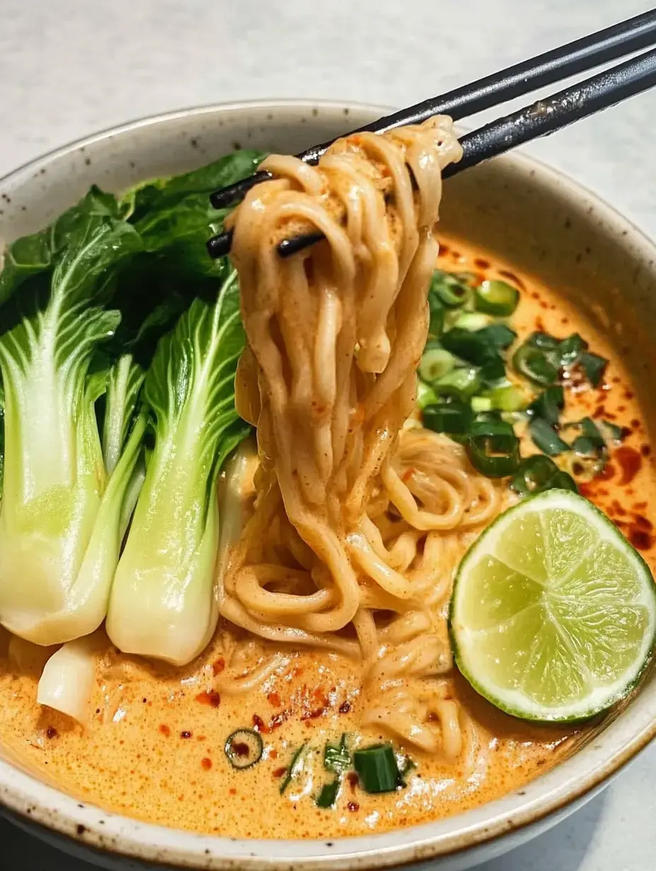 A bowl of creamy ramen noodles with bok choy, green onions, and a lime wedge.