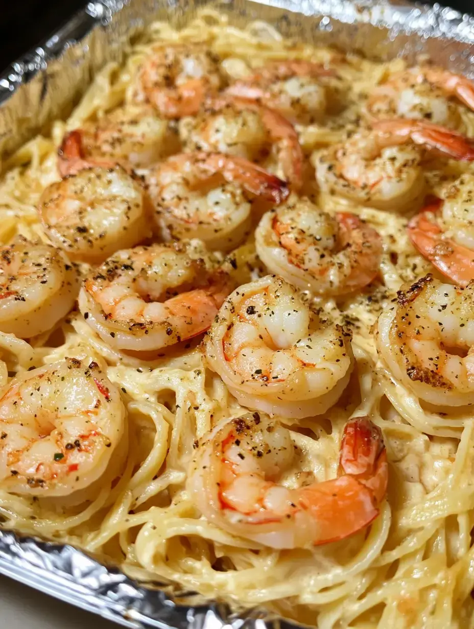 A close-up of cooked shrimp arranged on a bed of creamy pasta in an aluminum tray.