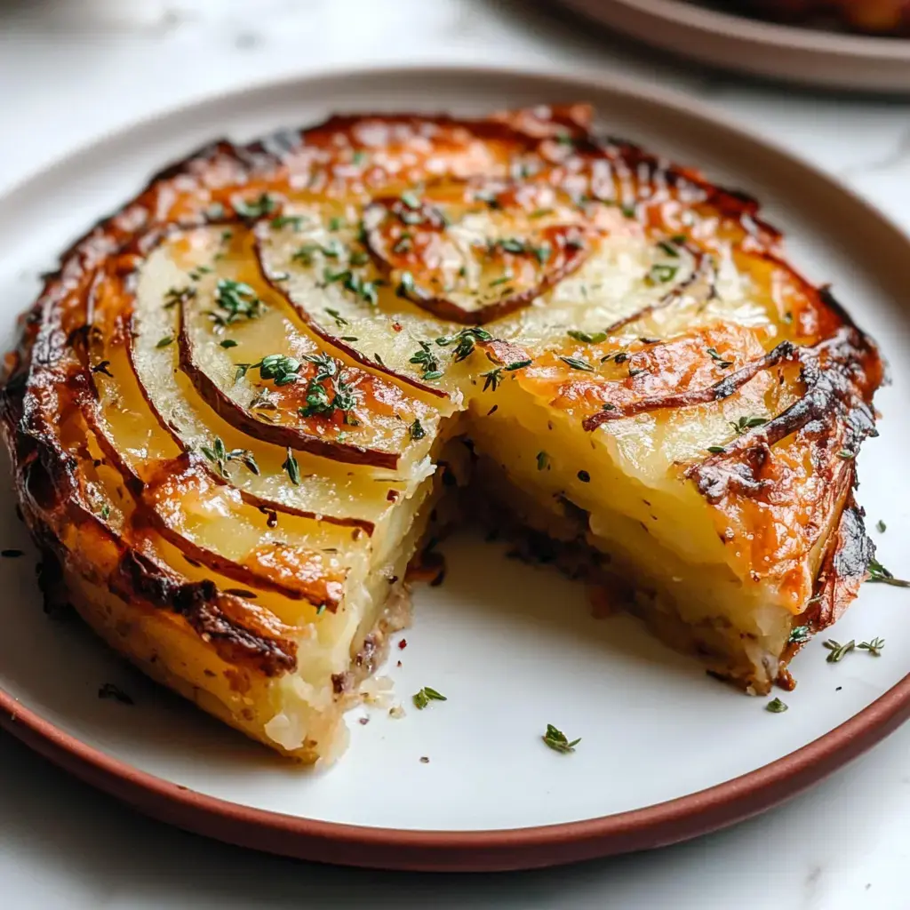 A slice of golden, baked potato dish with layered potatoes, garnished with herbs, on a white plate.