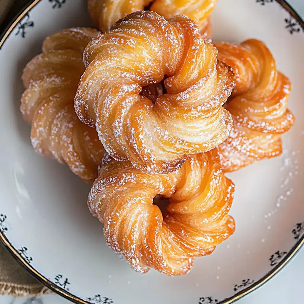 A plate of fluffy, spiral-shaped pastries dusted with powdered sugar.