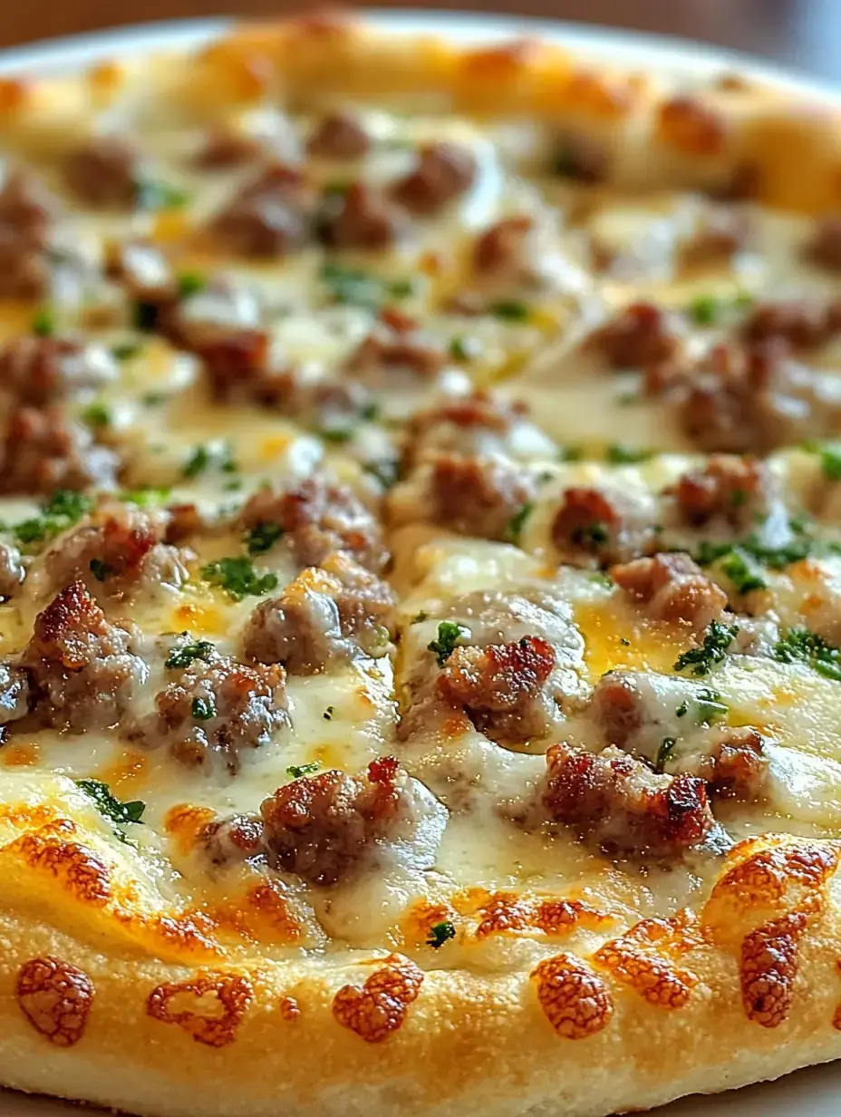 A close-up of a freshly baked pizza topped with sausage, melted cheese, and parsley on a golden crust.