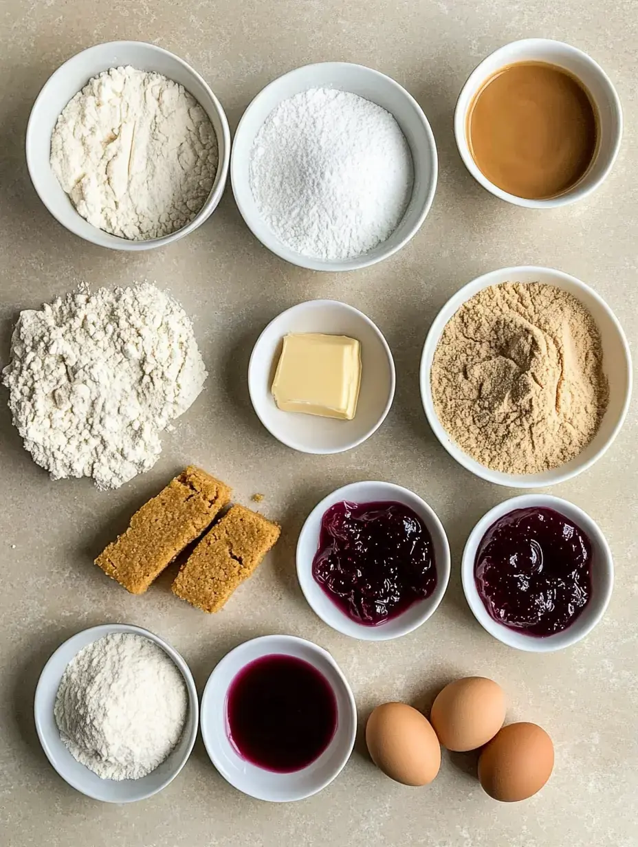 A collection of baking ingredients arranged in bowls, including various types of flour, sugar, butter, eggs, and jams on a neutral surface.